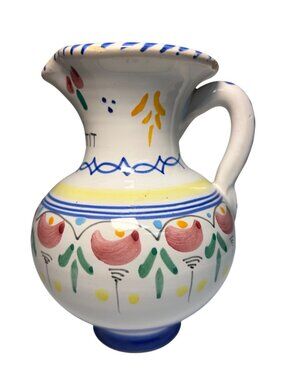 Hand Painted Ceramic Pitcher L’Estartit Spain Floral Design 6” Tall